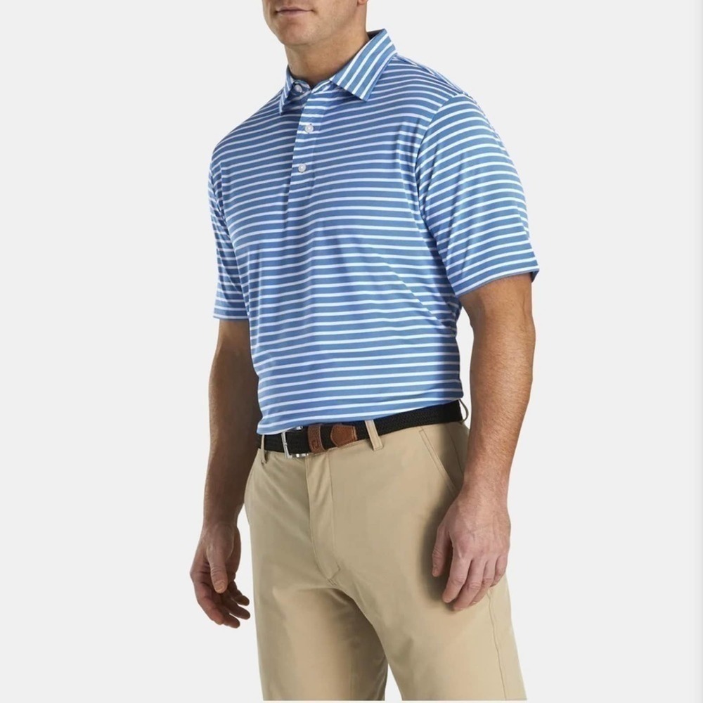 FJ Performance Blue and white striped short sleeve golf shirt. 3 button L